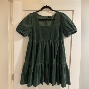 MADEWELL Corduroy Aidy Square-Neck Tiered Mini Dress in color “Forest”